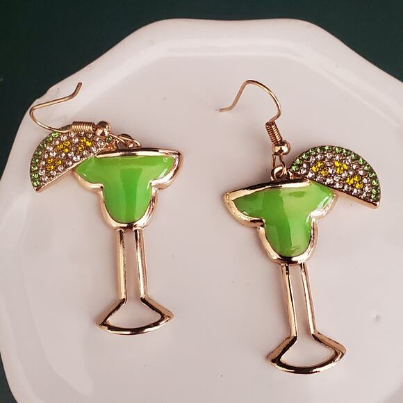 Cheers Margarita Earrings Lime Green Glasses with Sliced Lime‎ and Crystals - Picture 1 of 5